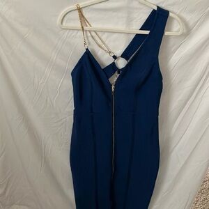 Wow Couture: Blue/Gold tone front zip Bodycon Dress- stretch- size L